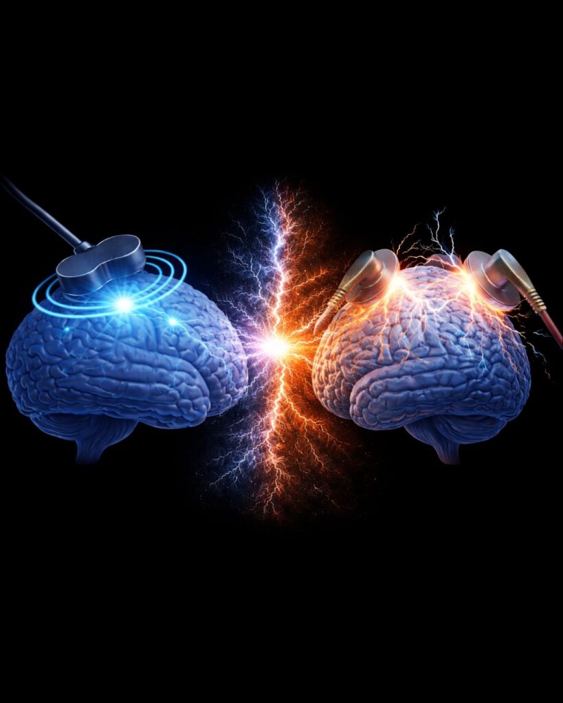 Comparison of Transcranial Magnetic Stimulation (TMS) and Electroconvulsive Therapy (ECT) illustrating focal versus seizure-based brain stimulation