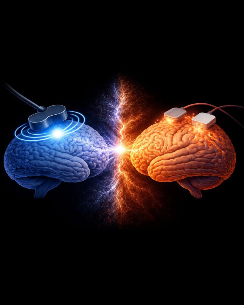 مقایسه تحریک مغناطیسی فراجمجمه‌ای (TMS) و تحریک جریان مستقیم فراجمجمه‌ای (tDCS) در تحریک غیرتهاجمی مغز با نمایش تفاوت تحریک موضعی و تحریک منتشر