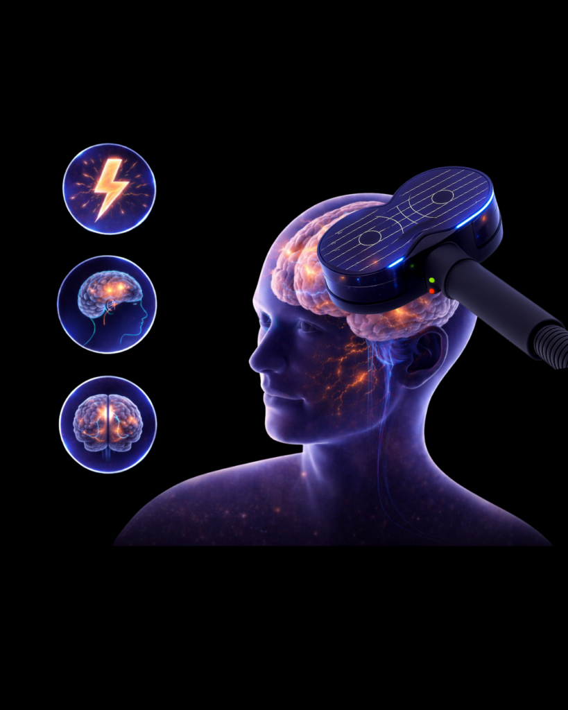 تحریک مغناطیسی فراجمجمه‌ای TMS روی مغز انسان — تصویر شماتیک عملکرد کویل مغناطیسی روی سر بیمار