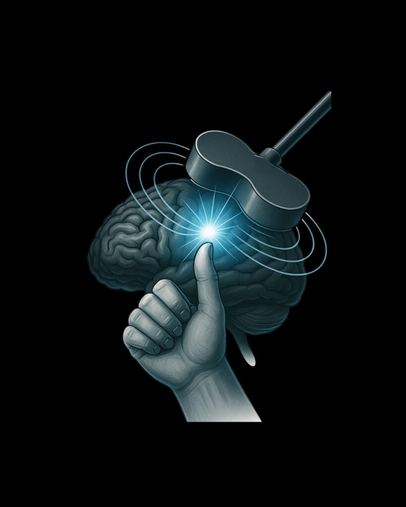 تصویر مفهومی تحریک مغناطیسی فراجمجمه‌ای (TMS) و فعال‌سازی نورون‌های قشری مغز